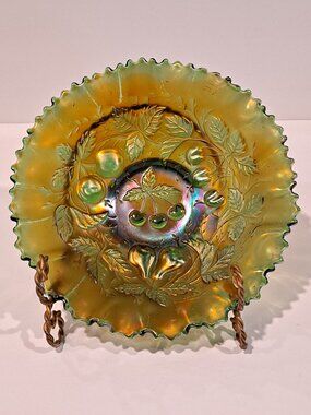 Vintage Northwood 9" 3 Fruits Ruffled Smooth Bowl Green Carnival Glass